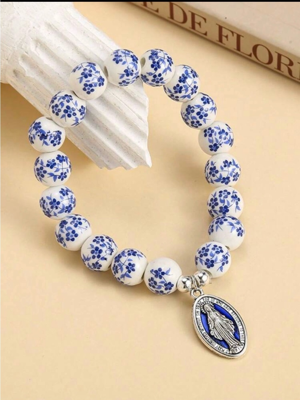 Blue and White Ceramic Bead Bracelet with Silver Religious Charm - Women Jewelry